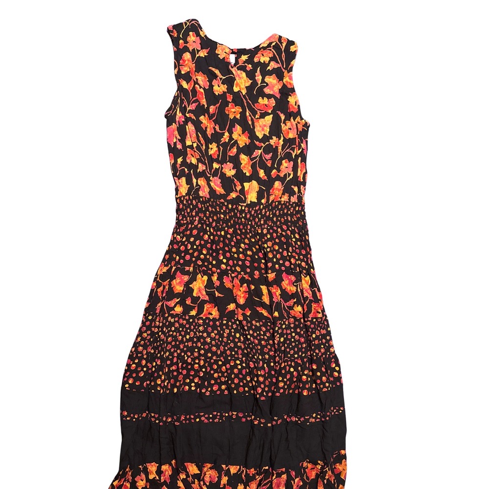 Carole Little Vtg 90s Floral Polka Dot Smocked Tiered Maxi Dress Black Orange - Picture 3 of 3